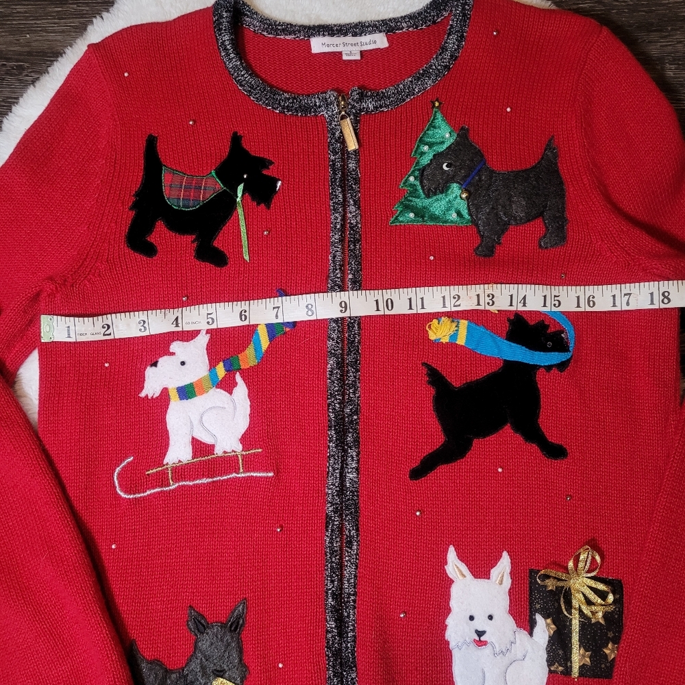 Vintage Ramie And Cotton Festive Scotties Christmas Zip-up Cardigan In Red Sz S - Picture 4 of 6